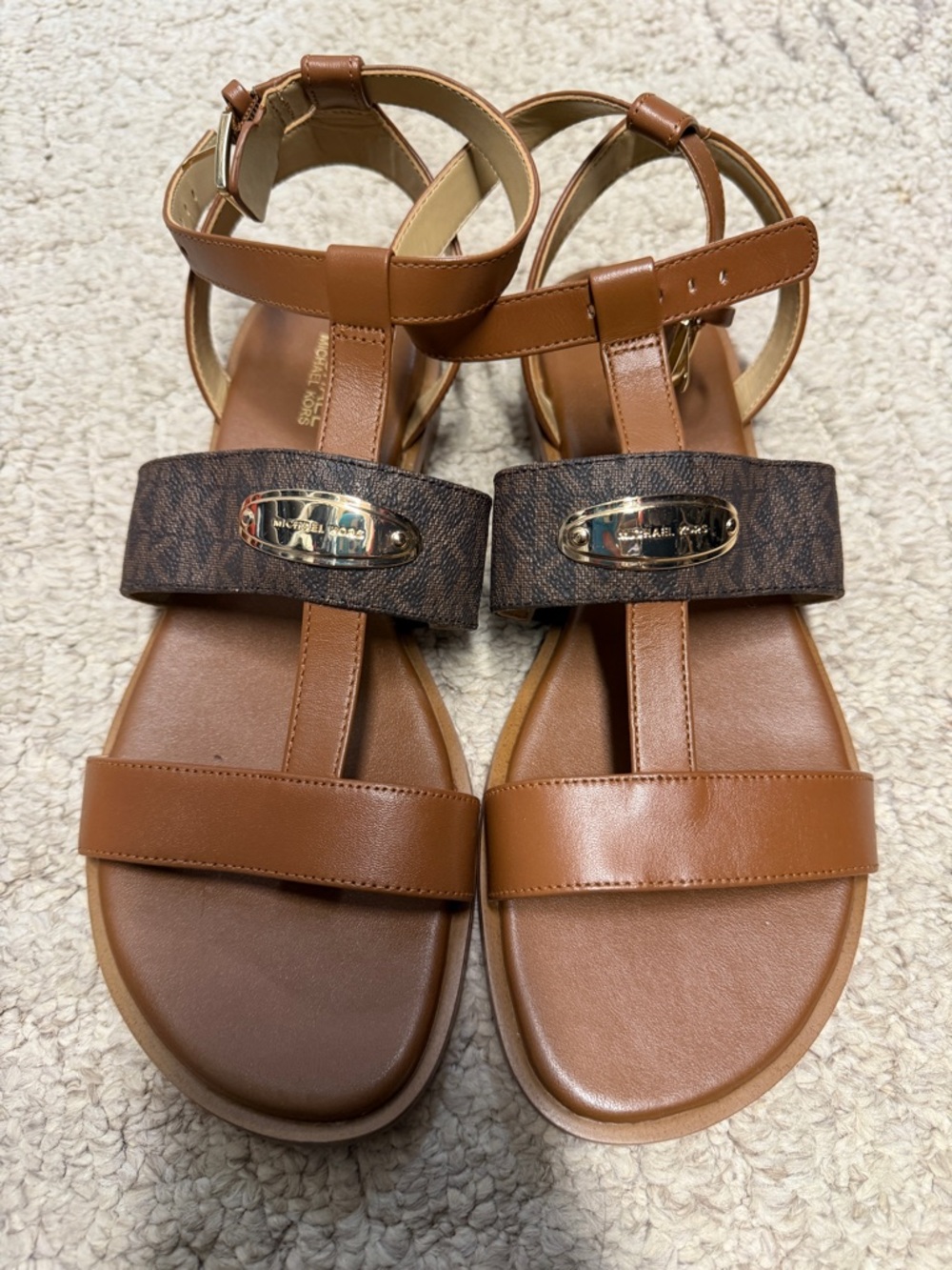 Michael Kors Brown/Tan Logo-Plate Leather Sandals